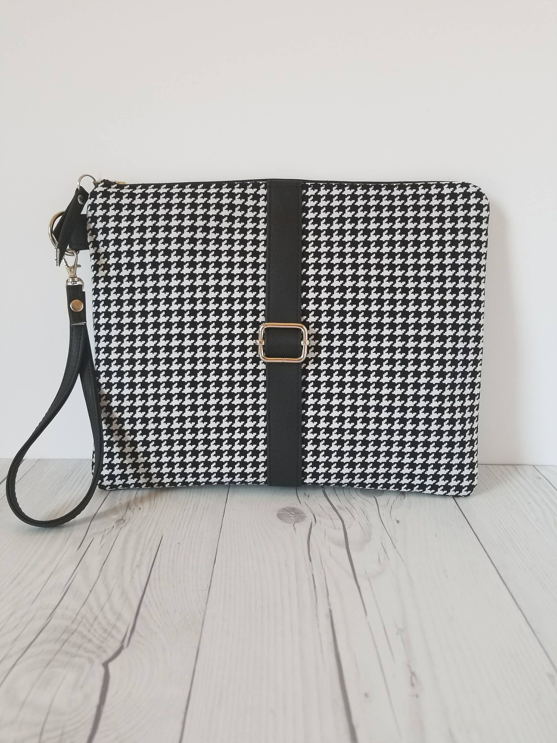 Black White Clutch, Houndstooth Clutch, faux Leather Clutch, Large