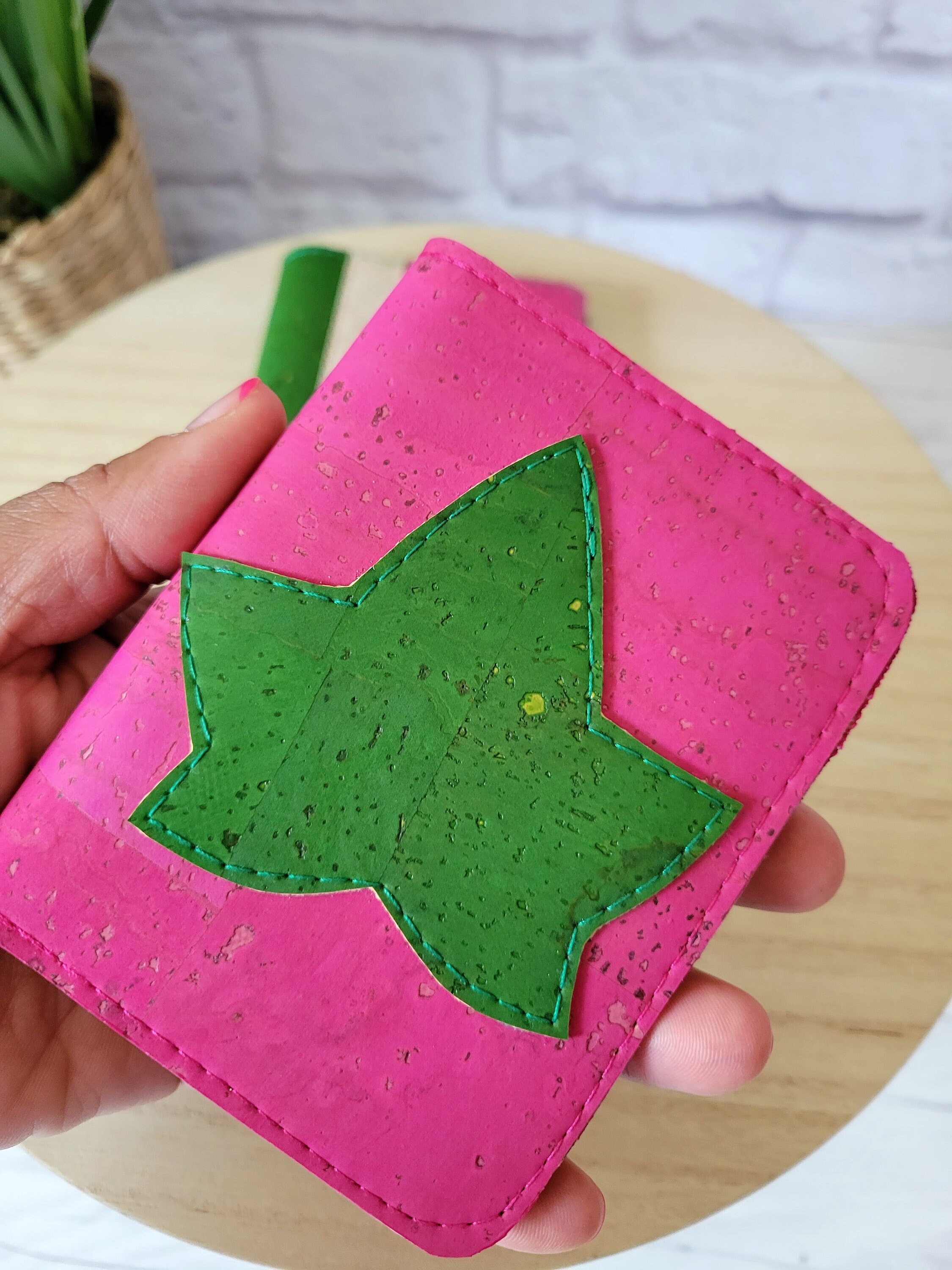 Pink and green wallet, Cork Slim Wallet, Vegan wallet for women, Pink