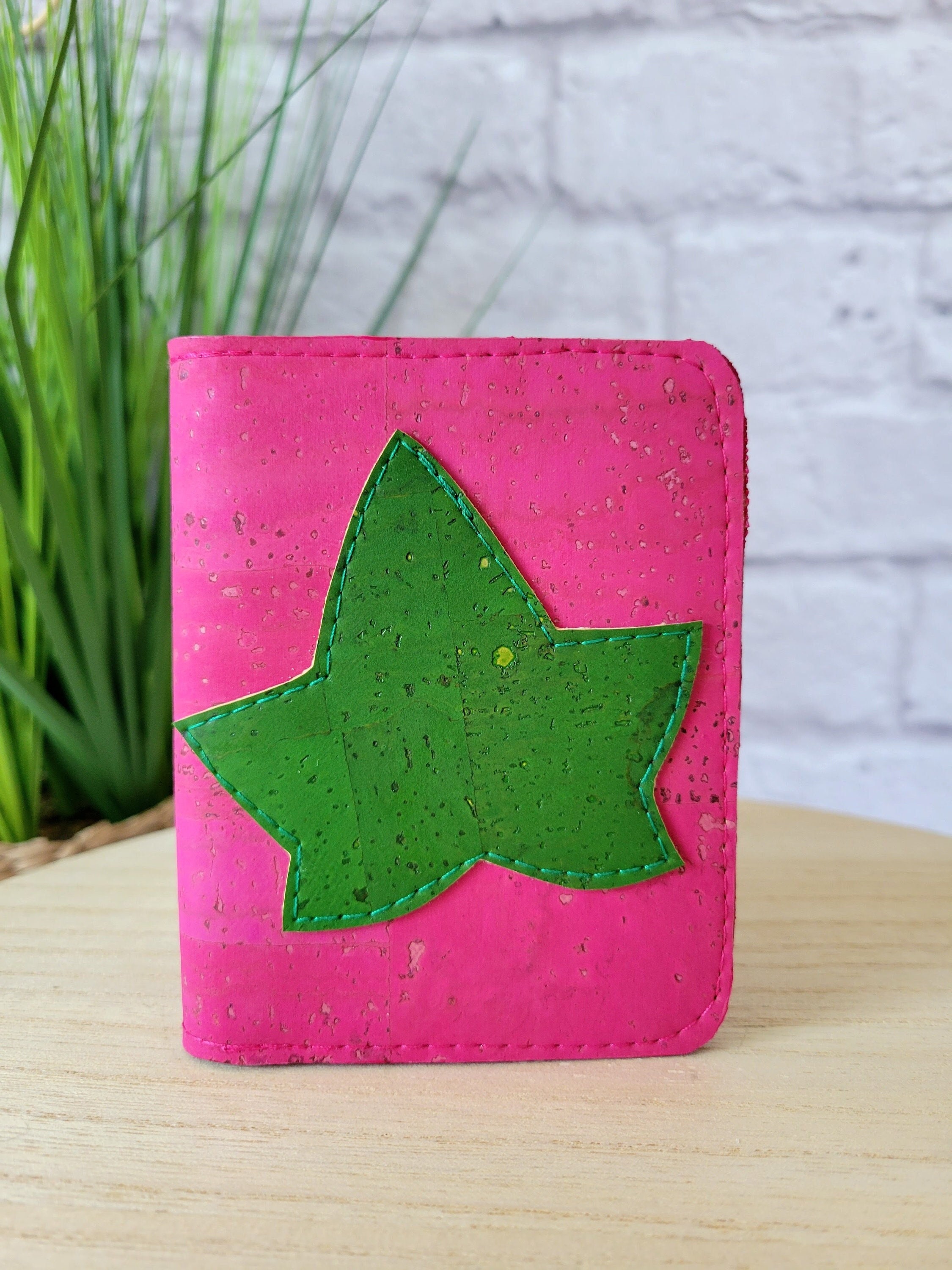 Pink and green wallet, Cork Slim Wallet, Vegan wallet for women, Pink