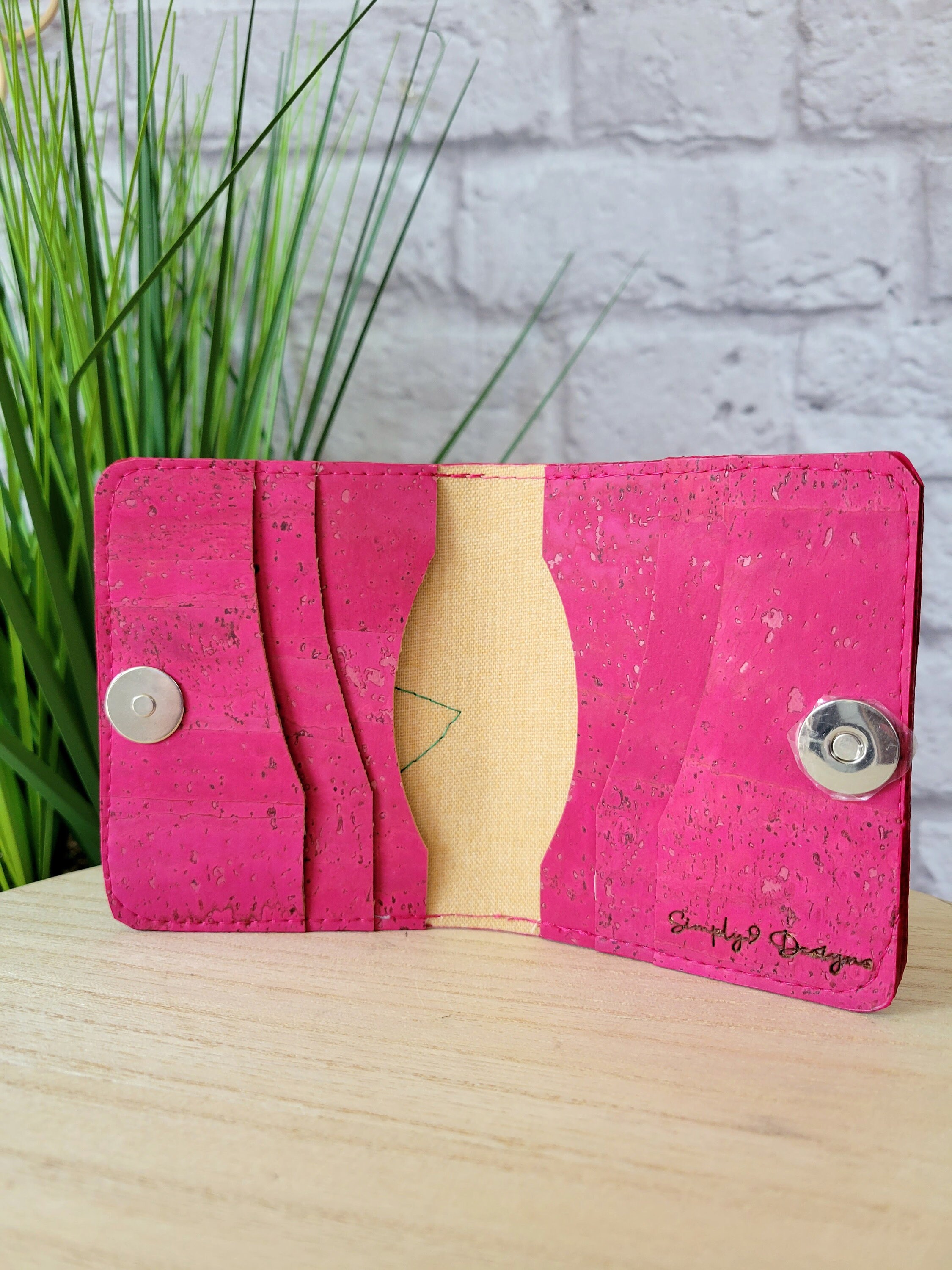 Pink and green wallet, Cork Slim Wallet, Vegan wallet for women, Pink