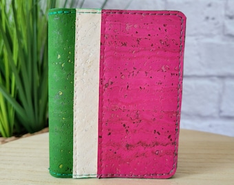 Pink and green wallet, Cork Slim Wallet, Vegan wallet for women, Pink and Green Striped, Credit card holder, Small cute wallet, Mini wallet