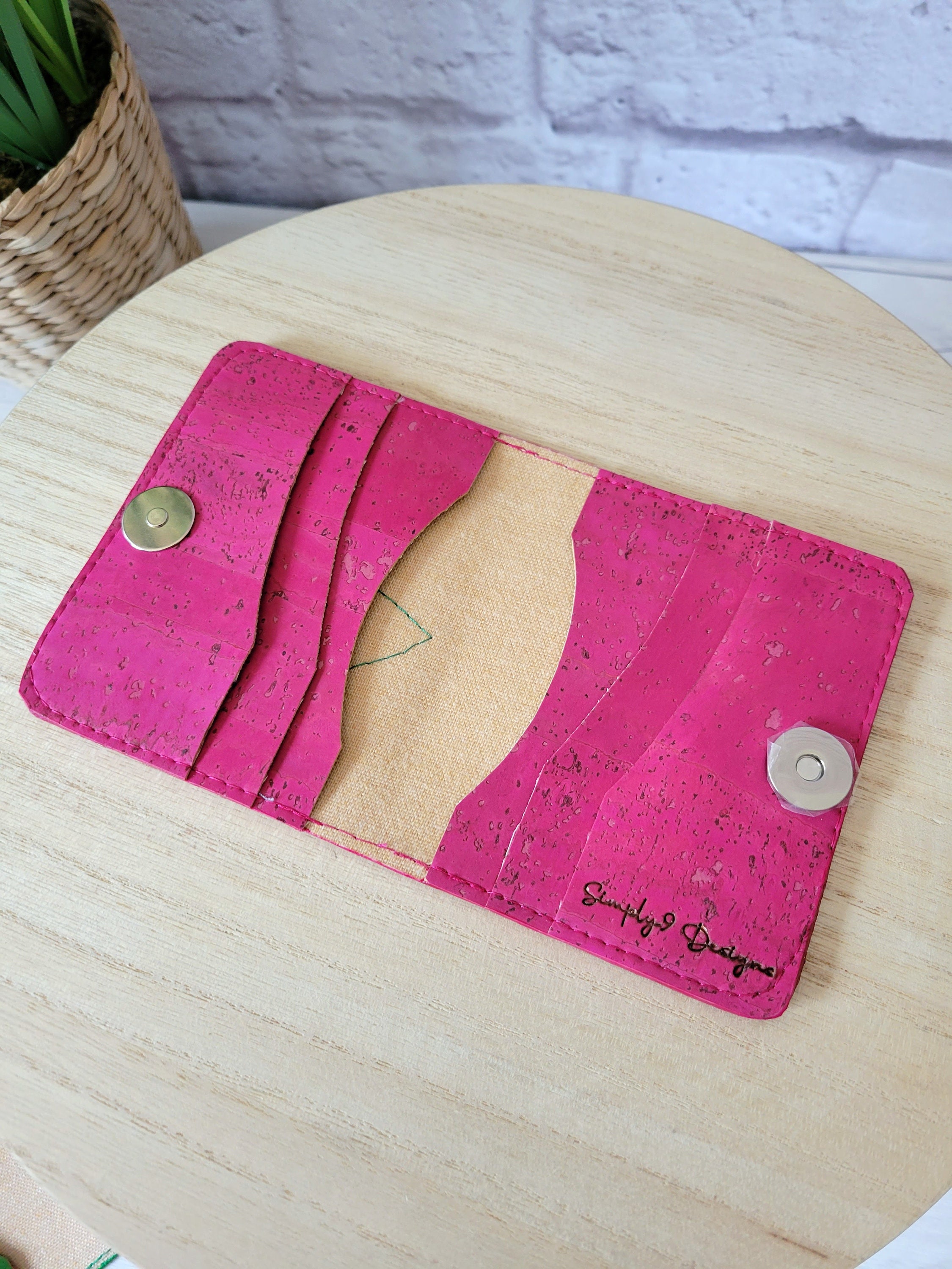 Pink and green wallet, Cork Slim Wallet, Vegan wallet for women, Pink
