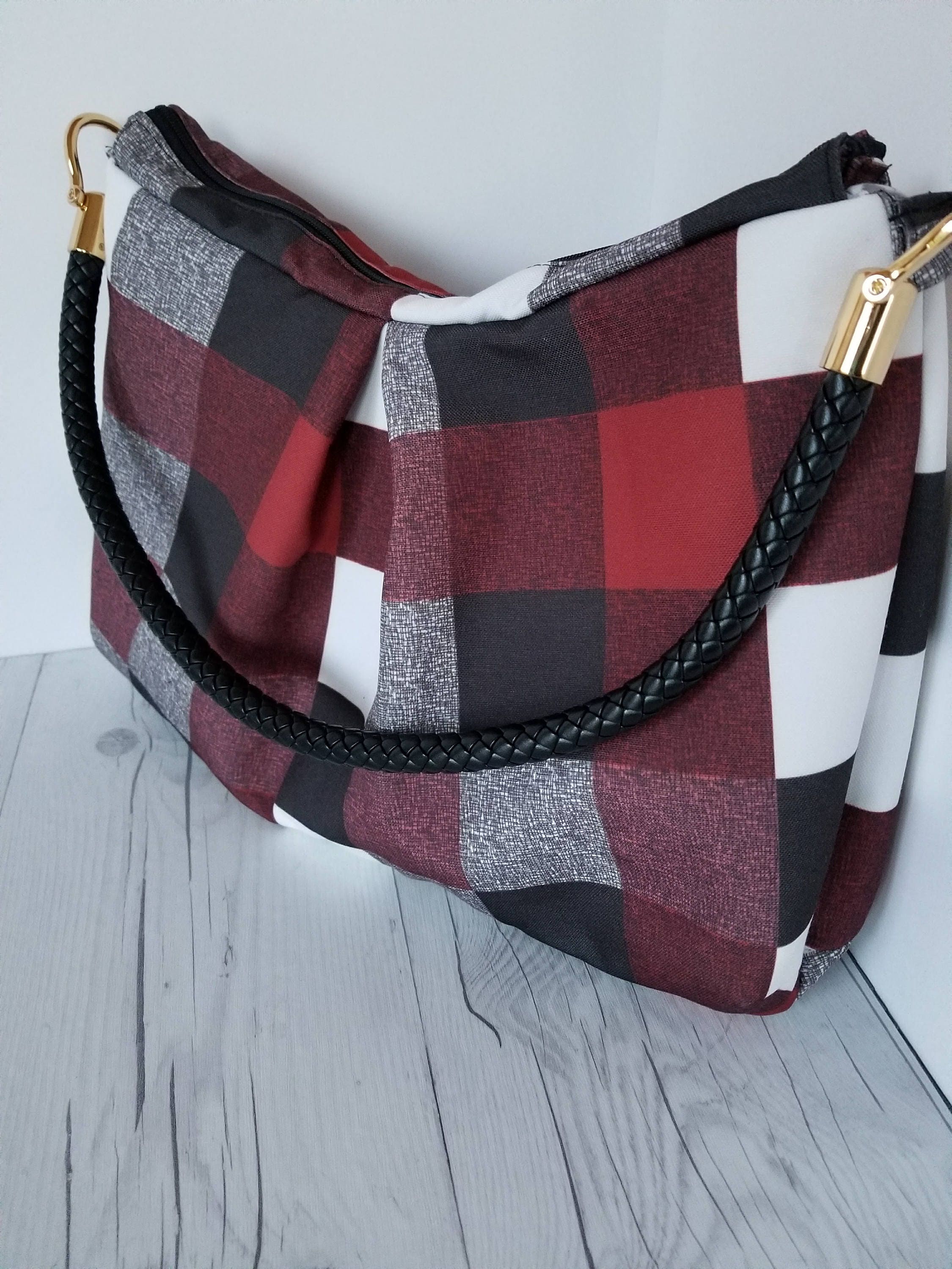 Plaid hobo bag, Maroon hobo bag purse, hobo handbags, oxblood hobo bag