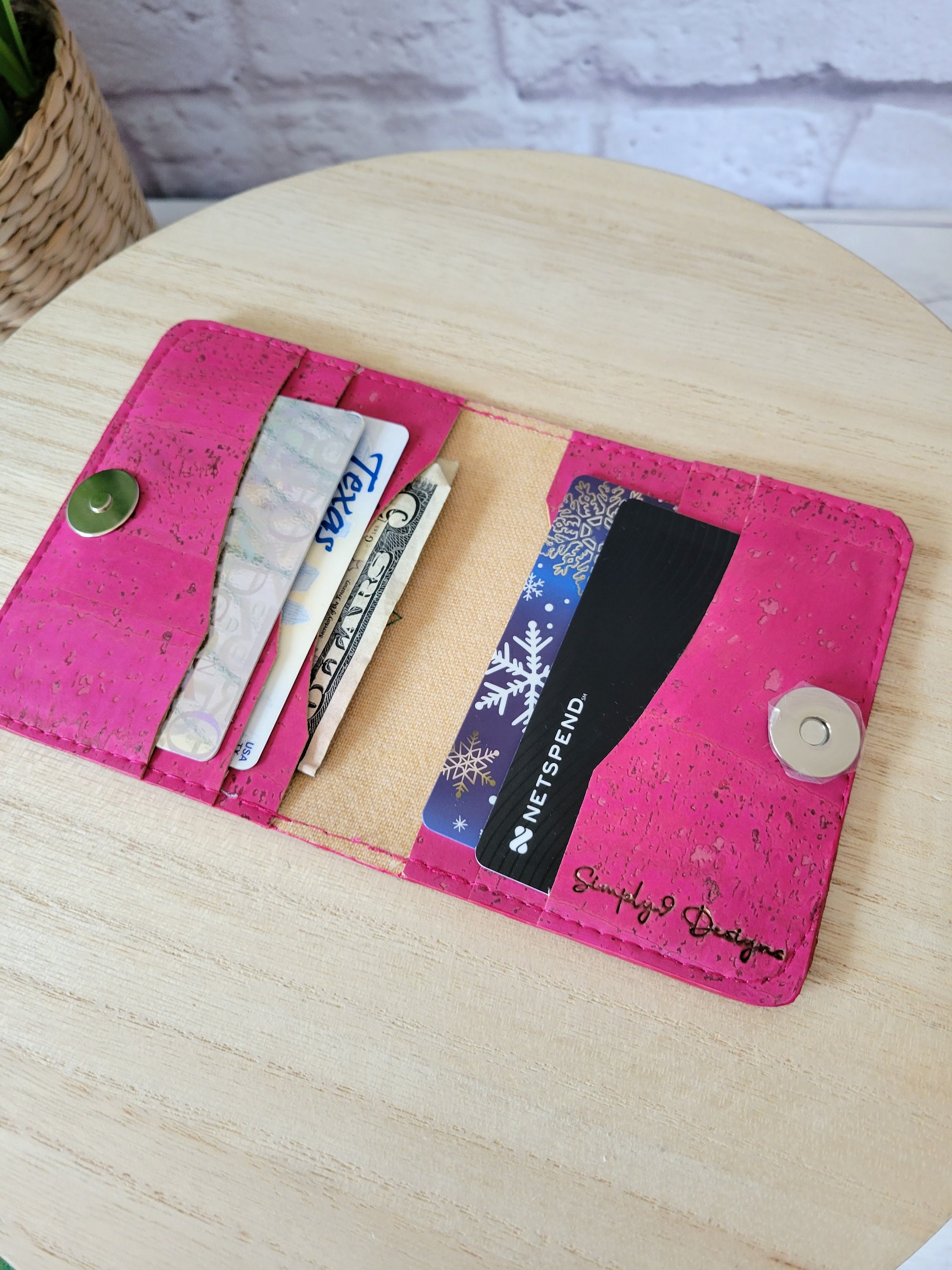 Pink and green wallet, Cork Slim Wallet, Vegan wallet for women, Pink