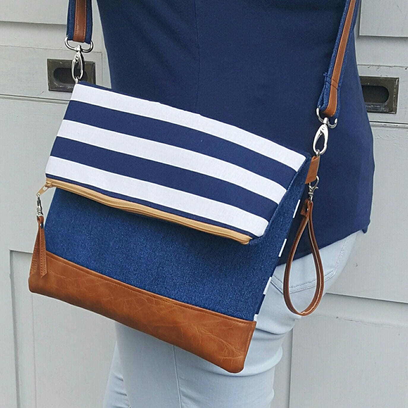Blue White Striped Denim Crossbody Bag Brown Faux Leather Crossbody Purse Clutch Wristlet Shoulder Bag Handbag Birthday Gift