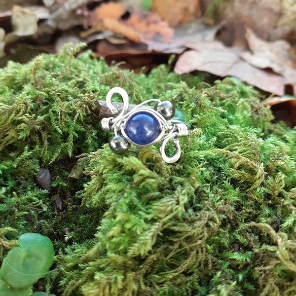 Bague elfique sodalite, celtique, ethnique, boho, gothique, acier inoxydable, faite main, pierre naturelle