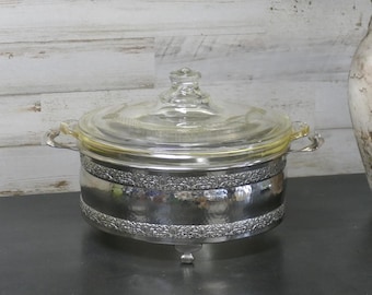 Vintage Pyrex Casserole Dish with Etched Lid & Hammered Silver Plate Stand