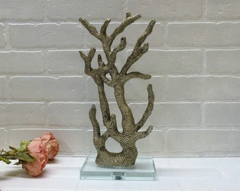 Faux Finger Coral Mounted on Glass Base, Silver Coral Beach House Decor