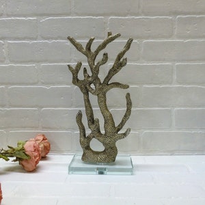 Faux Finger Coral Mounted on Glass Base, Silver Coral Beach House Decor