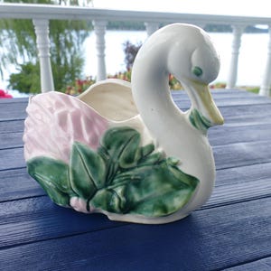 Vintage Heavy Pottery Swan Planter | Colorful USA Mid Century Garden Pot