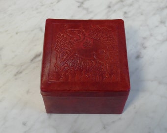 Vintage Italian Red Leather Box - Tooled Ram Design on Lid - Great ARIES Gift Idea