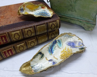 Hand Painted Oyster Shell Ring Dish | Gold Leaf Coastal Jewelry Holder