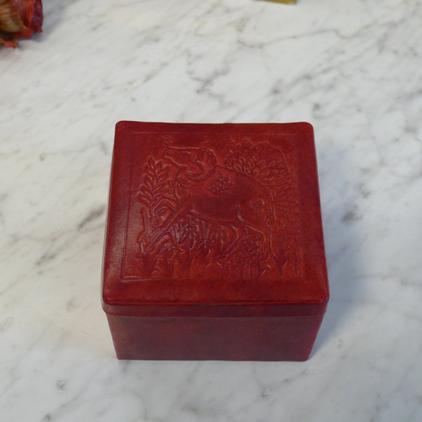 Vintage Italian Red Leather Box - Tooled Ram Design on Lid - Great ARIES Gift Idea