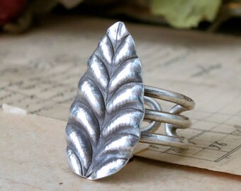 Sterling Silver Leaf Shaped Statement Ring Adjustable