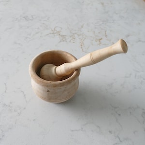 Small Carved Bleached Wood Mortar & Pestle Vintage