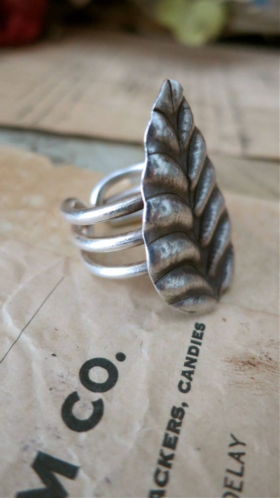 Large Boho Sterling Silver Leaf Statement Ring Ad… - image 2