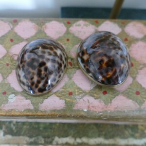 May include: Two oval earrings with a speckled shell design in brown and cream, set in a gold-coloured metal frame. The earrings are displayed on a surface with a pink and green pattern. The earrings are a unique accessory.