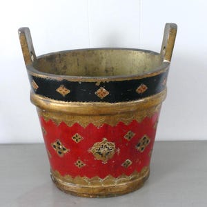 Vintage Florentine Red Black Gold Trash Can, Hand Painted Italian Waste Basket Flower Display Pot