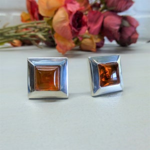 Square Sterling Silver and Amber Pierced Earrings