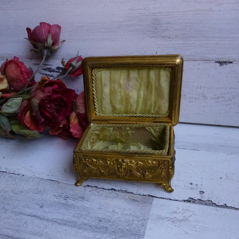 Antique Art Nouveau Gold Fairy /& Cherub Jewelry Box Silk Lined Pretty Ladies Dresser Vanity Box Great Gift Idea!