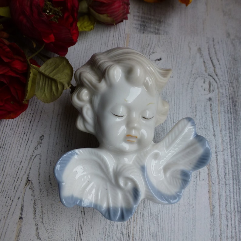 Beautiful Sweet Face Angel Lidded Small Jewelry Trinket Box Porcelain Cherubic Face Ring Box