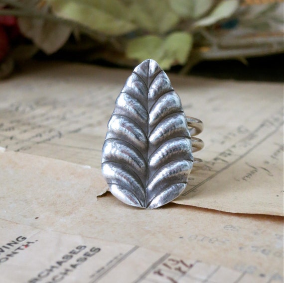 Large Boho Sterling Silver Leaf Statement Ring Ad… - image 4