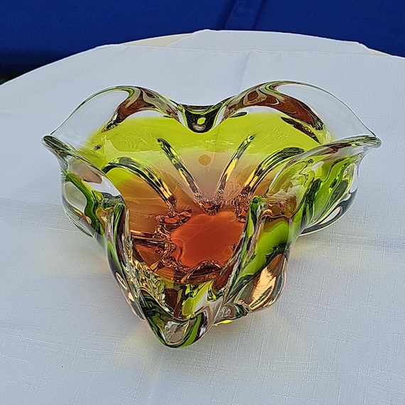Vintage Josef Hospodka Chribska Czech Art Glass Bowl Green Amber MCM