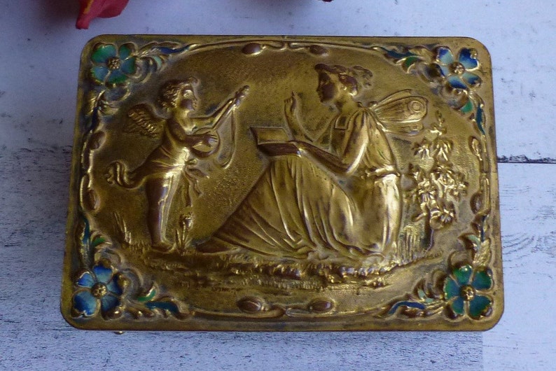 Antique Art Nouveau Gold Fairy /& Cherub Jewelry Box Silk Lined Pretty Ladies Dresser Vanity Box Great Gift Idea!
