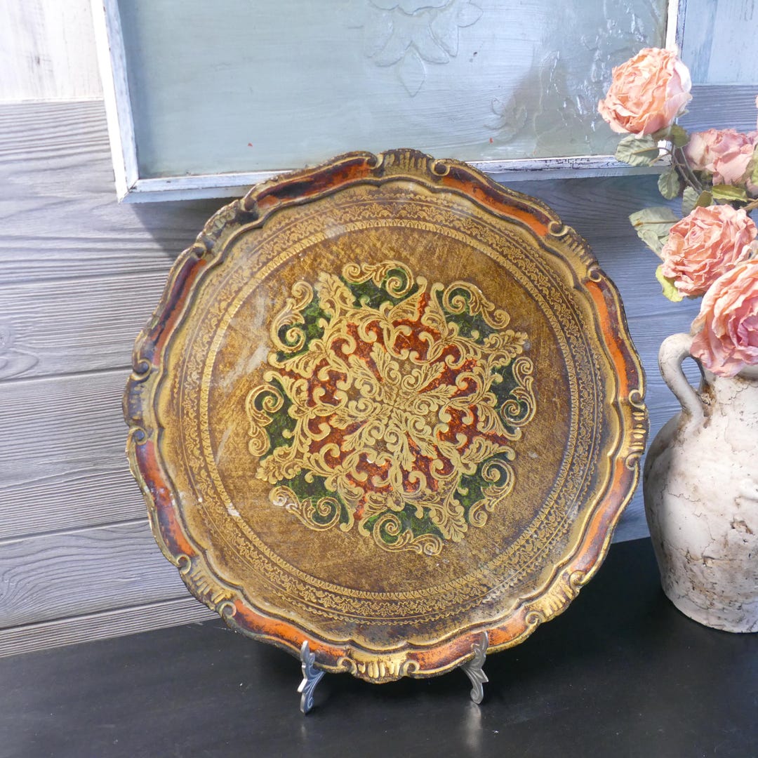 Vintage Florentine Large Round Tray Hand Painted Gold Orange Green Wood ...