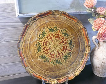 Vintage Florentine Large Round Tray Hand Painted Gold Orange Green Wood Tray