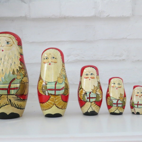 Vintage Set Santa Nesting Dolls, Wooden Santa Hand-Painted Nesting Dolls, 6 Christmas Nesting Dolls