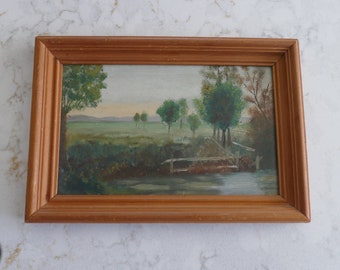 Vintage Small Oil Country Landscape Painting - Framed Antique Art