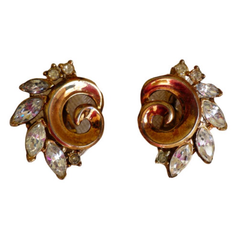 Crown Trifari Gold & Rhinestone Clip Earrings Vintage Trifari Etsy