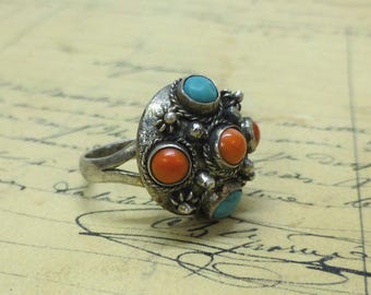 Vintage Chinese Export Sterling Silver Turquoise Coral Ring