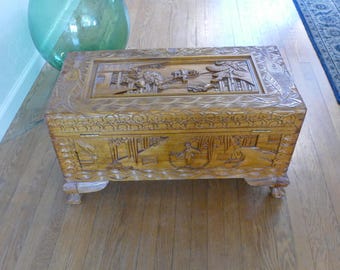 Antique Chinese Camphor Wood Chest - Lucky Koi Carved Trunk 28 x 15