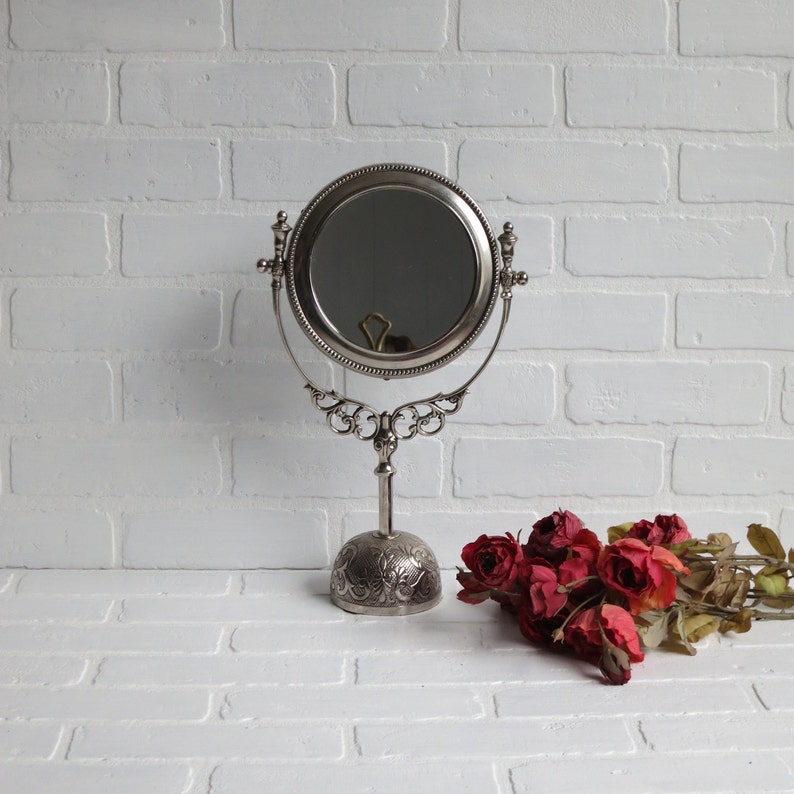 Table Top Vanity Mirror Vintage Free Standing Silver Plate Make Up Fancy Bathroom Decor