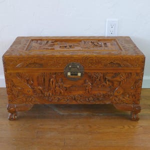 Antique Chinese Carved Camphor Wood Trunk Coffer 20th Century