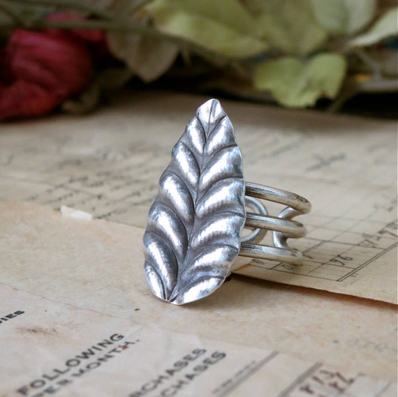 Large Boho Sterling Silver Leaf Statement Ring Ad… - image 1