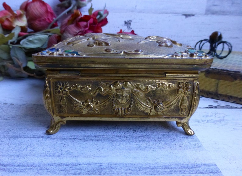 Antique Art Nouveau Gold Fairy /& Cherub Jewelry Box Silk Lined Pretty Ladies Dresser Vanity Box Great Gift Idea!