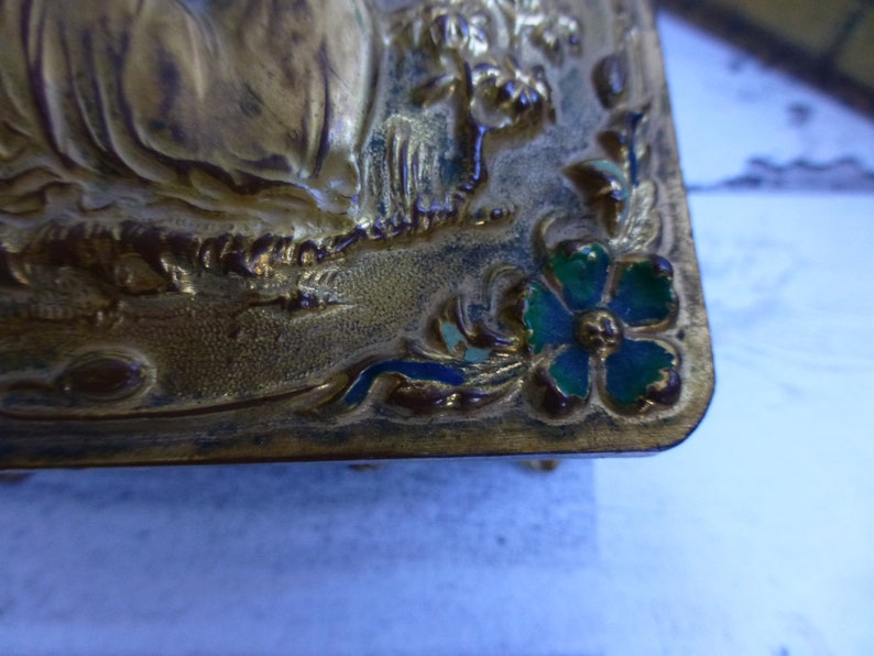 Antique Art Nouveau Gold Fairy /& Cherub Jewelry Box Silk Lined Pretty Ladies Dresser Vanity Box Great Gift Idea!