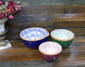 Set of 3 Sponge Ware Paint Ceramic Stackable Mixing Bowls