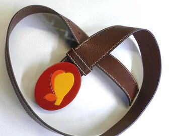Vintage MIU MIU Brown Leather Belt Bakelite Pears Buckle Italy Sz 32