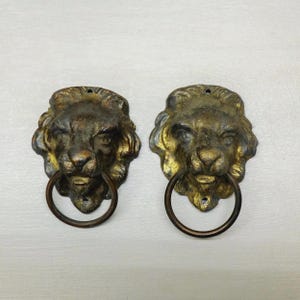 May include: Two antique brass lion head door knockers. Each knocker features a detailed lion's face with a ring for knocking. The brass has a weathered, aged appearance with hints of gold and dark brown.