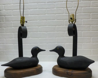 Pair Vintage Carved Wood Decoy Duck Lamps, Rustic Cabin Lodge Decor