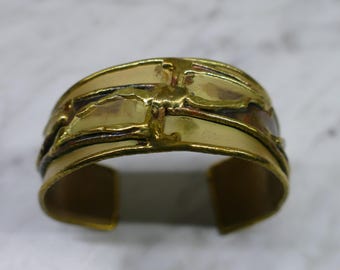 Vintage Brutalist Gold Tone Mixed Metal Cuff Bracelet Statement