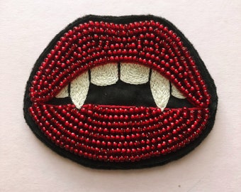 Hand Embroidered Jeweled Vampire Teeth Patch