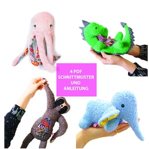 4 istruzioni fai da te in PDF per cucire Polpo Dino Bradipo Elefante