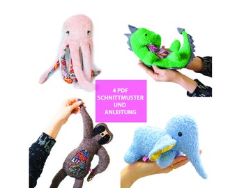 4 x PDF DIY Anleitungen zum Nähen Octopus Dino Faultier Elefant