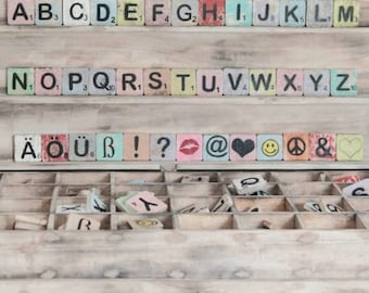 Beautiful set: 6 letters/characters + matching standee Boho-Vintage Style, DIY, Scrabble