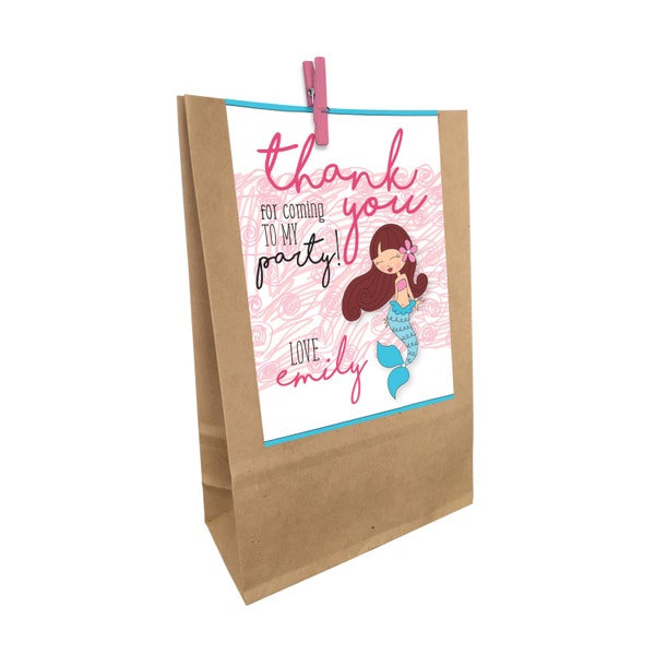 Kids Birthday printed MERMAID Paper Party Bags with Peg. Matching invitations available.